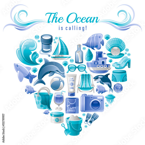 Sea travel flayer design with heart composed of vacation summer blue symbols.