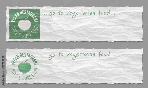 Set of two banners with crumpled paper and the words vegan resta