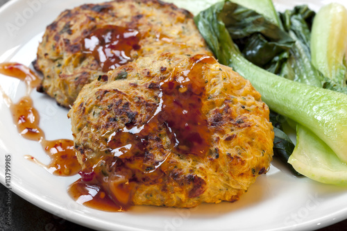 Thai Chicken Burgers with Sweet Chili Sauce and Asian Greens