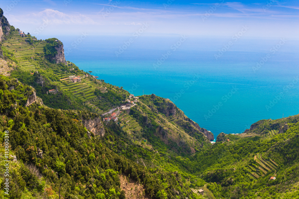 Beautiful views from path of the gods with lemon tree fields, Amalfi coast, Campagnia region, Italy