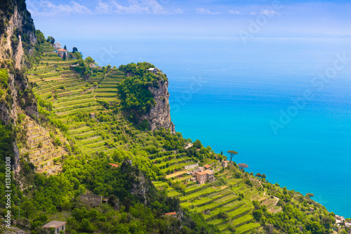 Beautiful views from path of the gods with lemon tree fields, Amalfi coast, Campagnia region, Italy