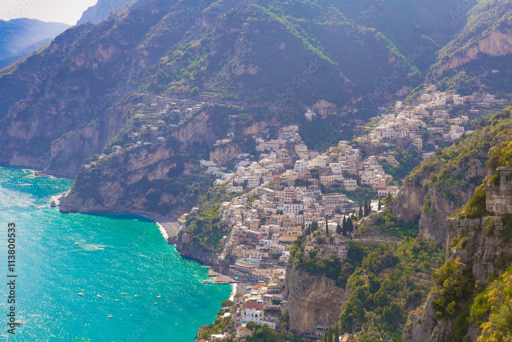 Beautiful views on Positano town from path of the gods, Amalfi coast, Campagnia region, Italy