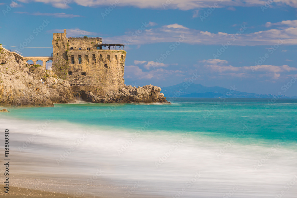 Medieval tower on the coast of Maiori town, Amalfi coast, Campania region, Italy