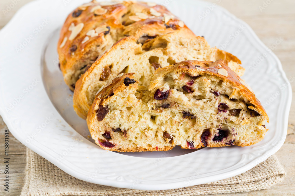 Fruit bread with dried fruits and chocolate. 