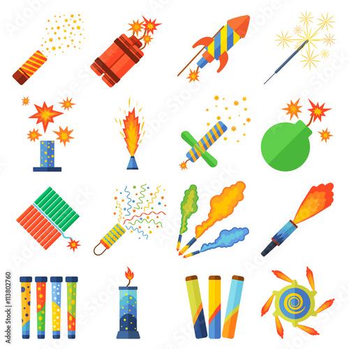 Pyrotechnics and fireworks vector set.