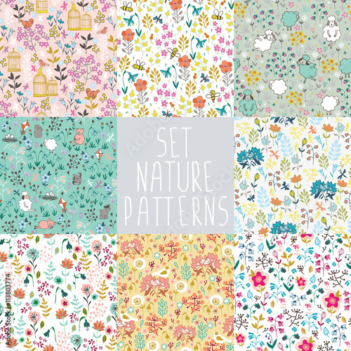 8 seamless patterns with flowers and animals