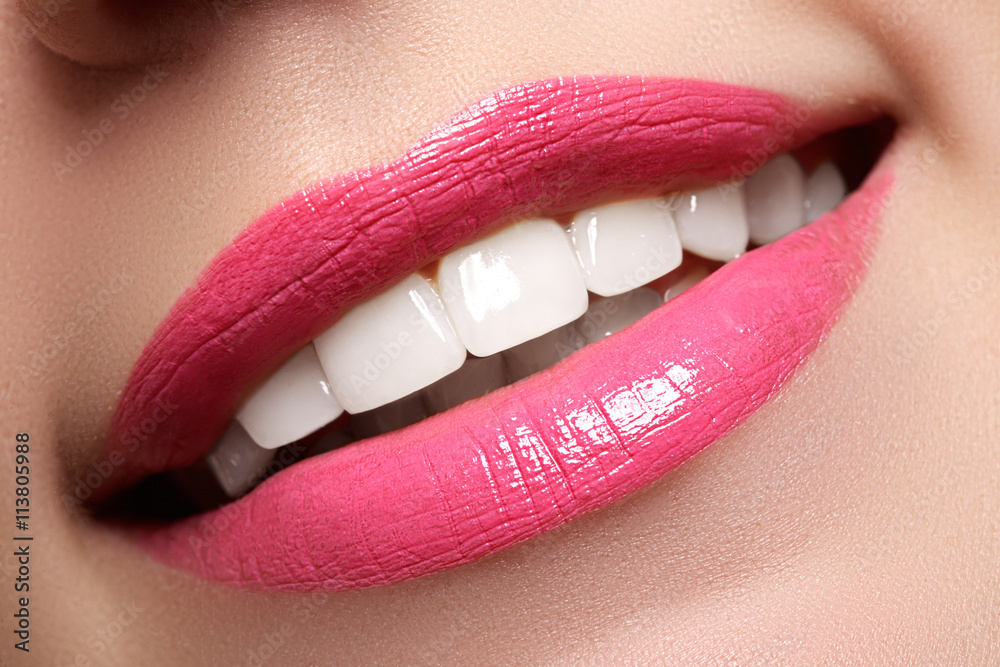 Macro happy woman's smile with healthy white teeth, bright pink .lips make-up. Stomatology and beauty care. Woman smiling with great teeth. Cheerful female smile with fresh clear skin
Macro happy woman's smile with healthy white teeth, bright pink .lips make-up. Stomatology and beauty care. Woman smiling with great teeth. Cheerful female smile with fresh clear skin