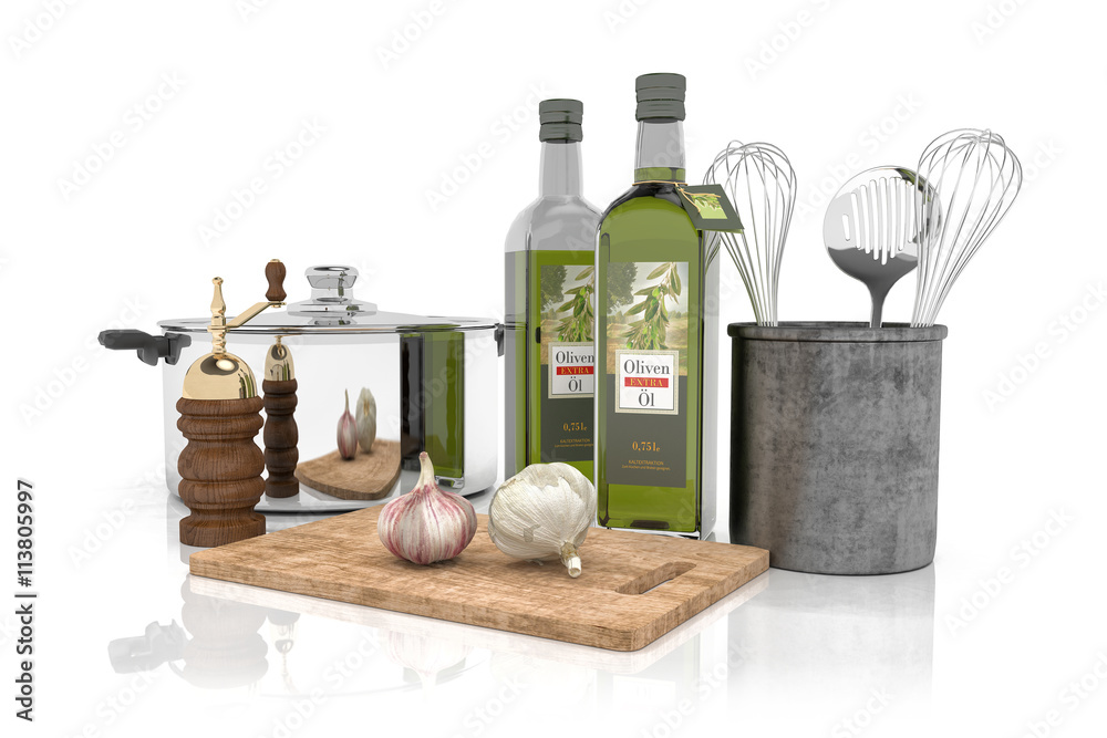 Küchengeräte, Olivenöl, Top, Pfefefrmühle, Schneidebrett, Kn  Stock-Illustration | Adobe Stock