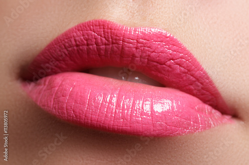 Perfect smile. Beautiful full pink lips and white teeth. Pink lipstick. Gloss lips. Make-up   Cosmetics    