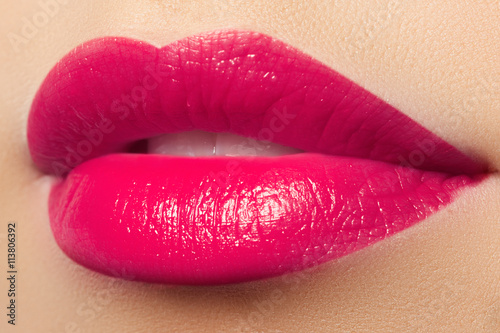 Perfect smile. Beautiful full pink lips. Pink lipstick. Gloss lips