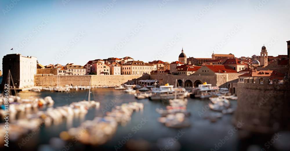 Panorama view of Old Dubrovnik port. Croatia, Europe. Tilt shift effect
