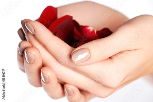 Manicure, hands & spa. Beautiful woman hands, soft skin