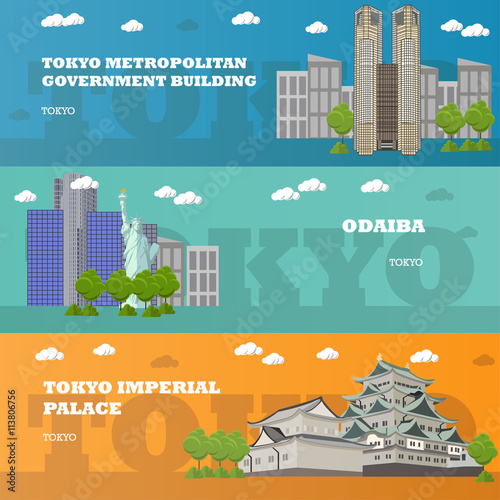 Tokyo tourist landmark banners. Vector illustration with Japan famous buildings. Travel concept.