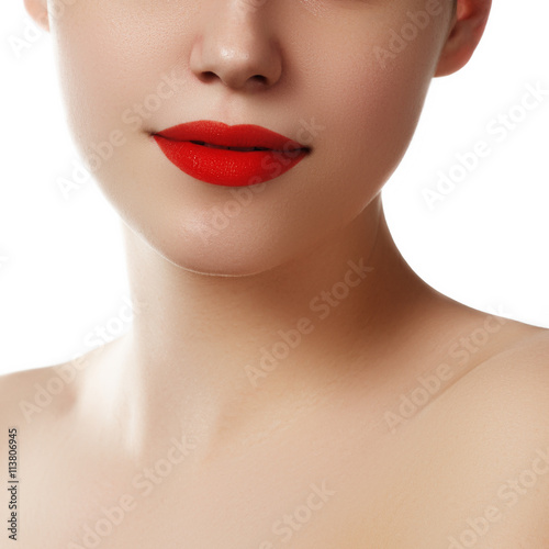 Sexy lips. Beauty red lips makeup detail. Beautiful make-up