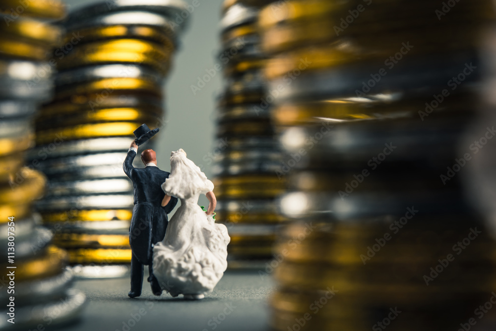 Obraz premium お金に囲まれた道を歩く新郎新婦