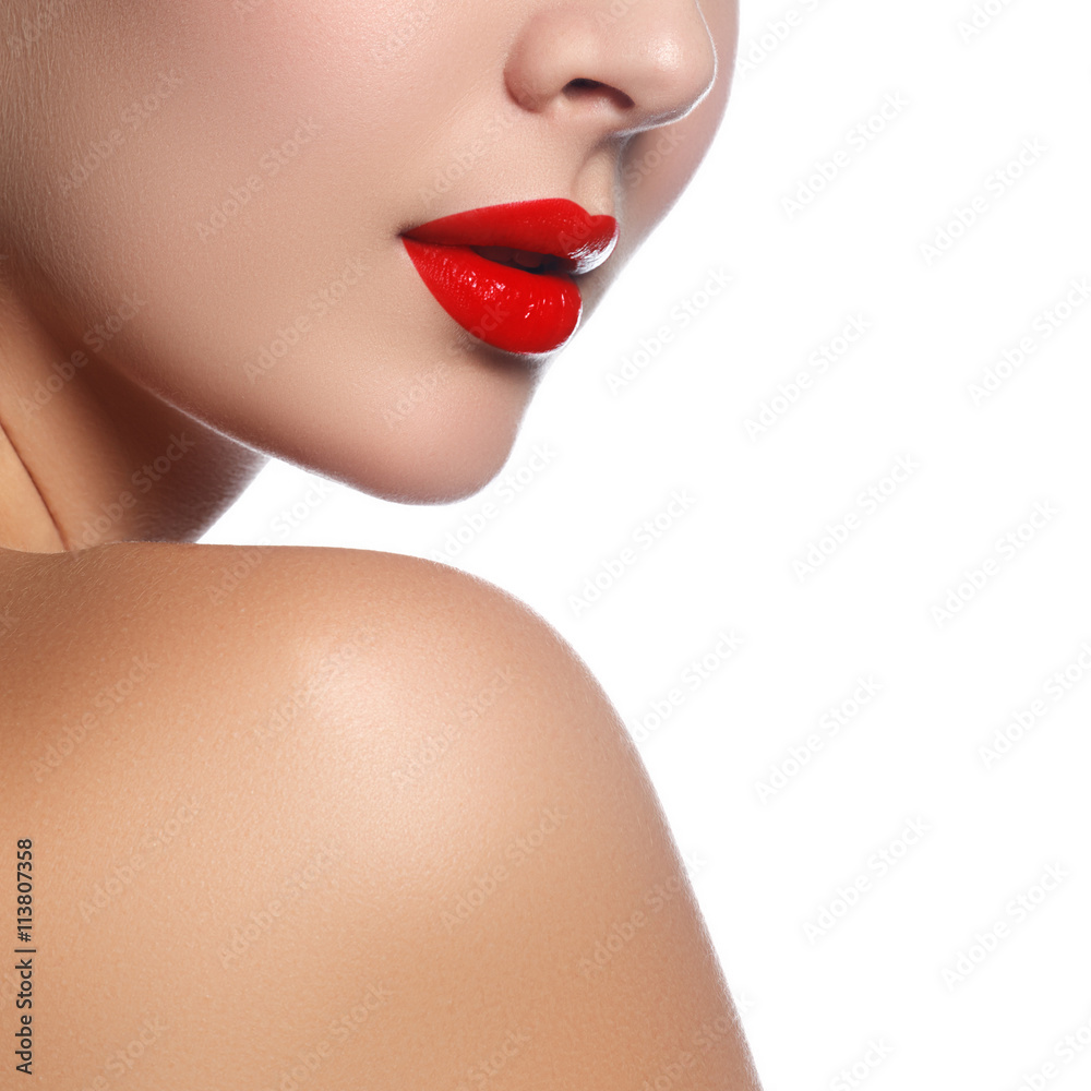 Close-up shot of woman lips with glossy red lipstick. Glamour red lips Close-up shot of woman lips with glossy red lipstick. Glamour red lips