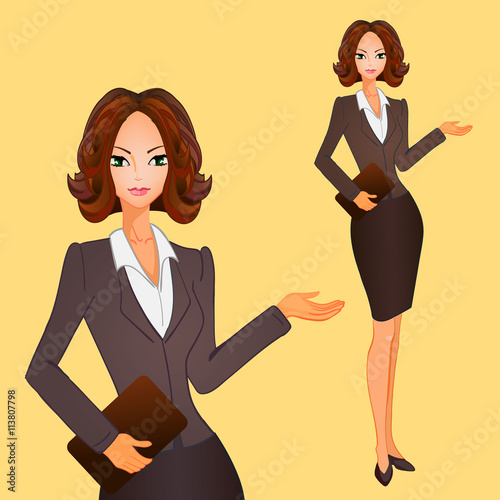 Cartoon business women with brown short hair on gray-brown suit. VECTOR illustration.
