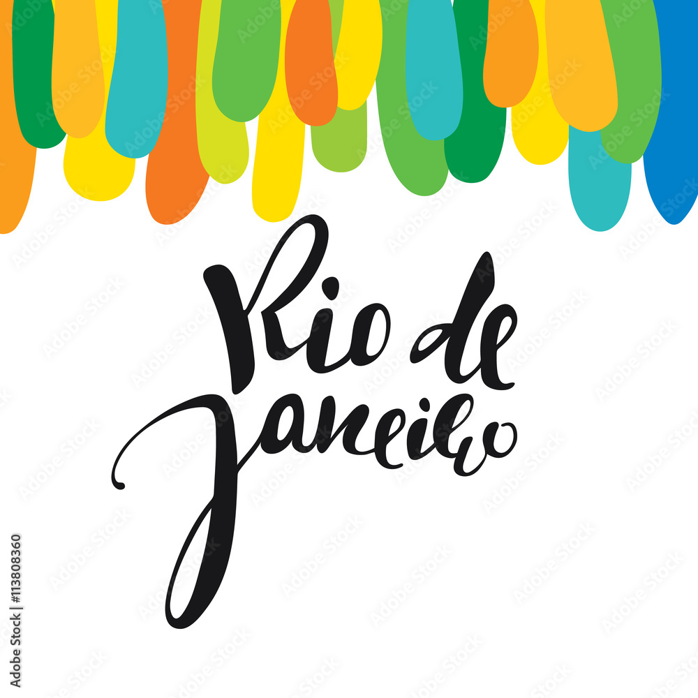 Rio de Janeiro inscription, background colors of the Brazilian flag. Calligraphy handmade greeting cards , posters phrase Rio de Janeiro. Background watercolor brush , Brazil carnival