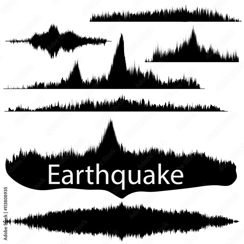 Seismogram of different seismic activity record illustration, earthquake wave on paper fixing, stereo audio wave diagram background. Earthquake sign. Earthquake seismic activity illustration.