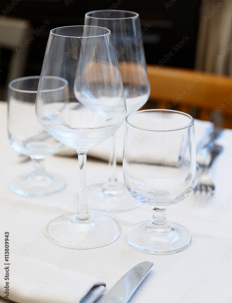 Wine glasses on restaurant table Wine glasses on restaurant table