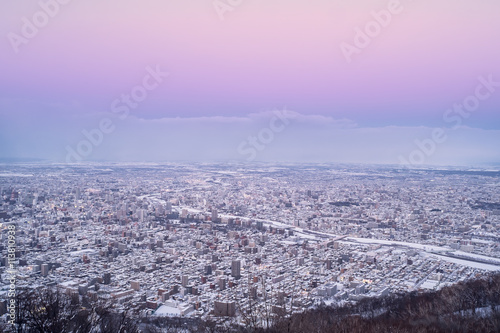 Sapporo city in the evening from mount Moiwa, Hokkaido, Japan