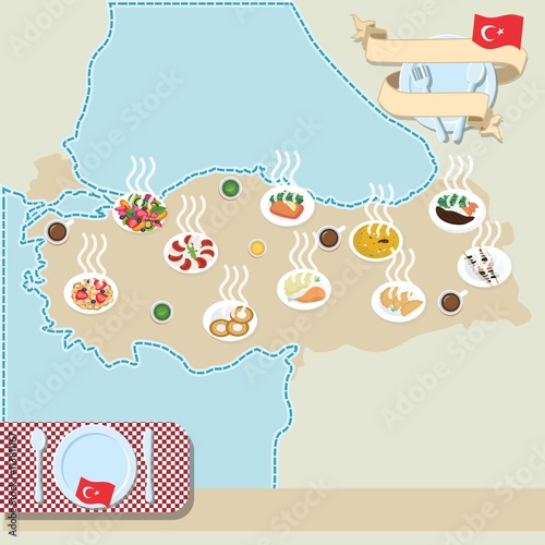 Turkey map with national food. The symbols of turkish kitchen.