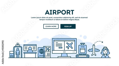 Airport, concept header, flat design thin line style
