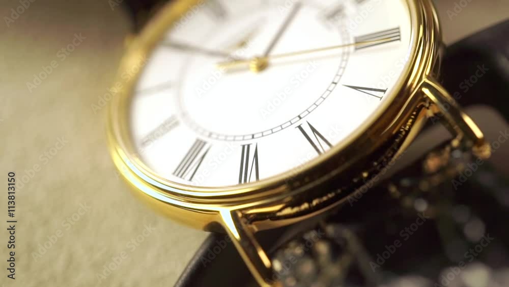 Golden classical wrist watch macro shot. Slow motion video Golden classical wrist watch macro shot. Slow motion video