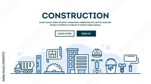 Construction, concept header, flat design thin line style