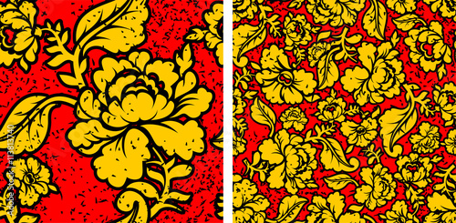 Khokhloma in grunge style. Flowers and noise and scratches. Trad