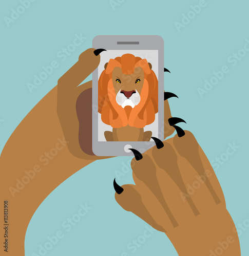Fototapeta Naklejka Na Ścianę i Meble -  Leo selfie. Lion photographed themselves on phone. Angry wild an