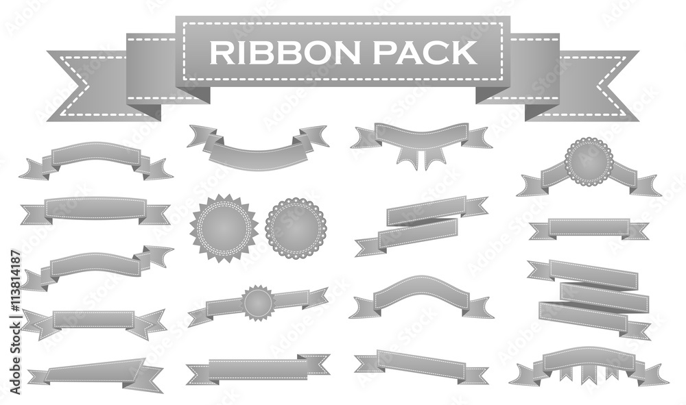 Embroidered silver ribbons and stumps pack isolated on white. Can be used for banner, award, sale, icon, logo, label etc. Vector illustration