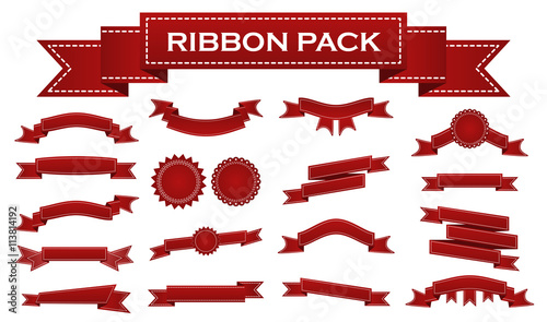 Embroidered red ribbons and stumps pack isolated on white. Can be used for banner, award, sale, icon, logo, label etc. Vector illustration