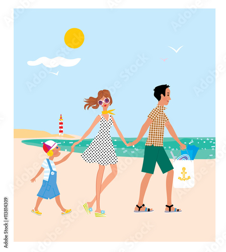 Family with a child going to the beach. Family vacation. vector illustration