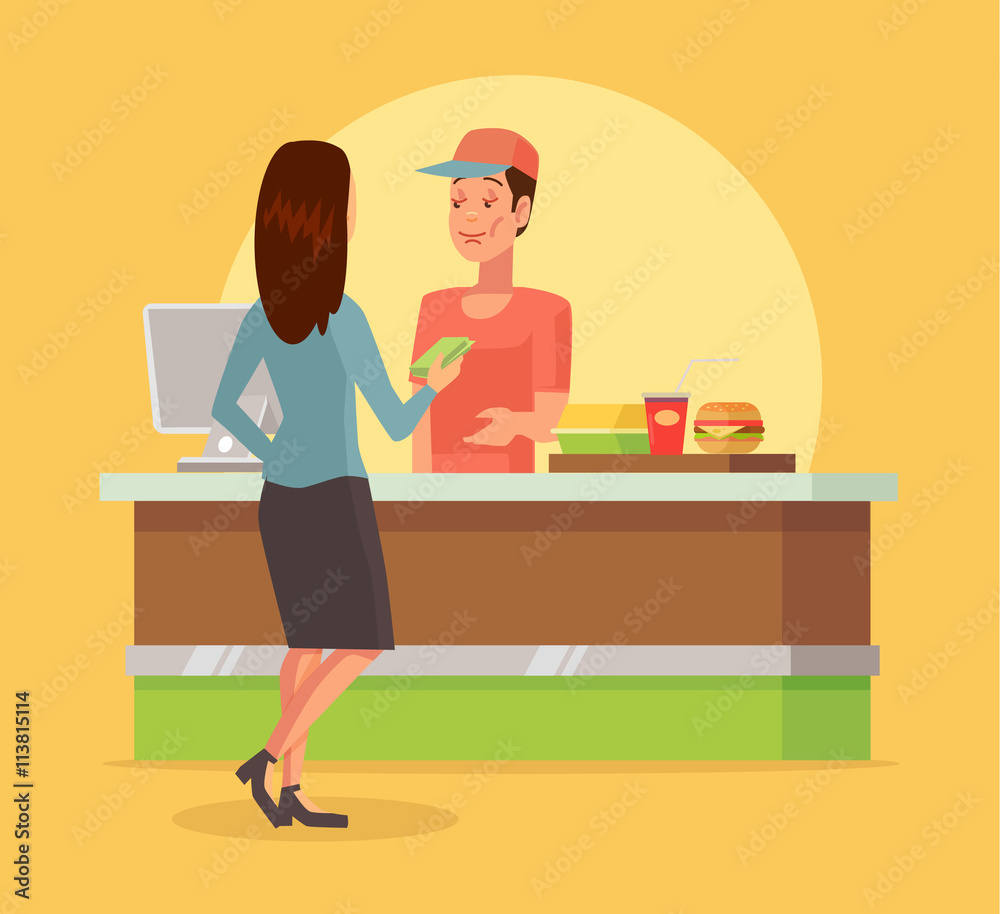 Fast food checkout counter. Vector flat cartoon illustration Stock