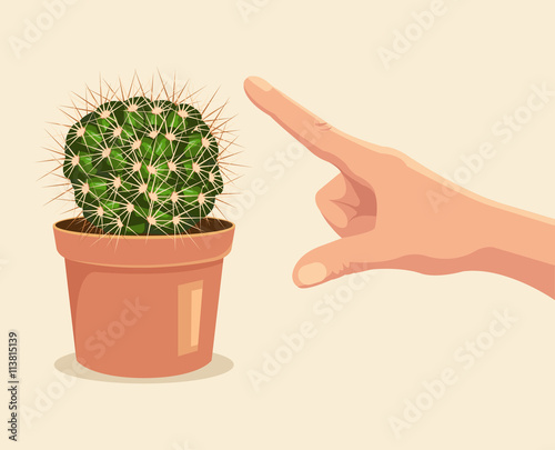 Hand touch cactus. Vector flat cartoon illustration