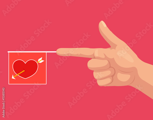 Gun hand gesture with bang love flag with heart. Vector flat cartoon illustration