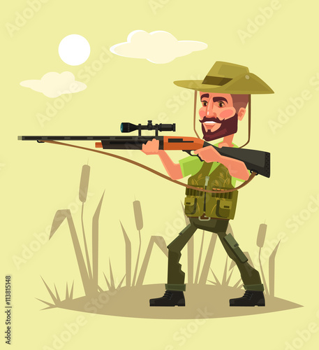 Hunter character with gun. Vector flat cartoon illustration