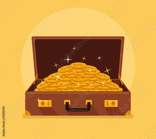 Open suitcase with gold coins. Vector flat cartoon illustration
