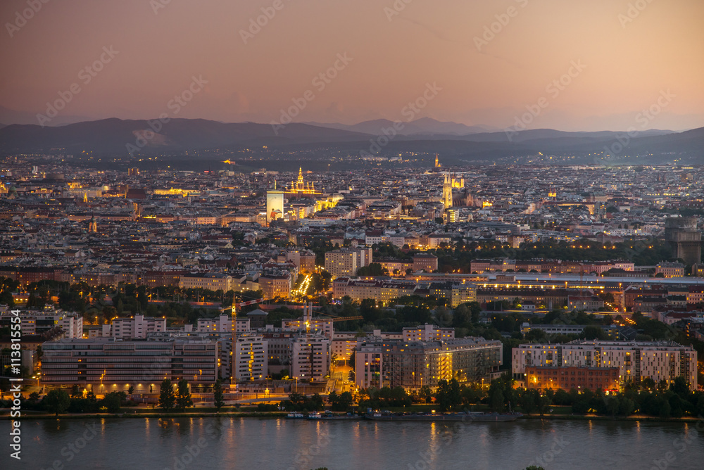 Skyline of Vienna and Danube in magnificent sunset, Austria