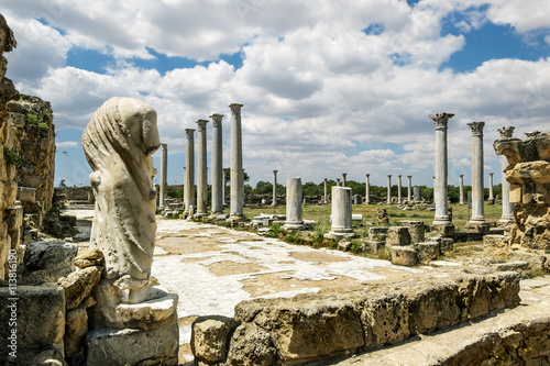 Ruins and antique statues in the ancient city of Salamis in Fama