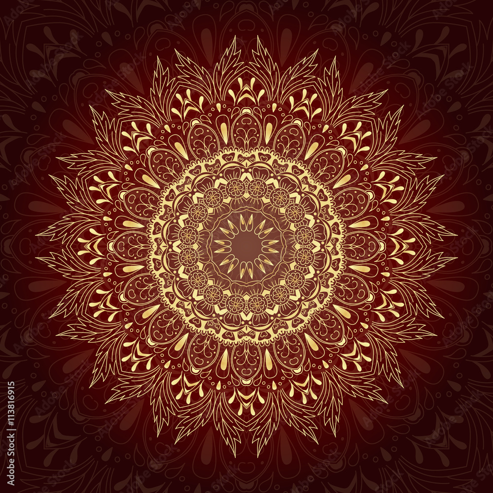 Gold round ornament. Mandala.  Background, cover. 