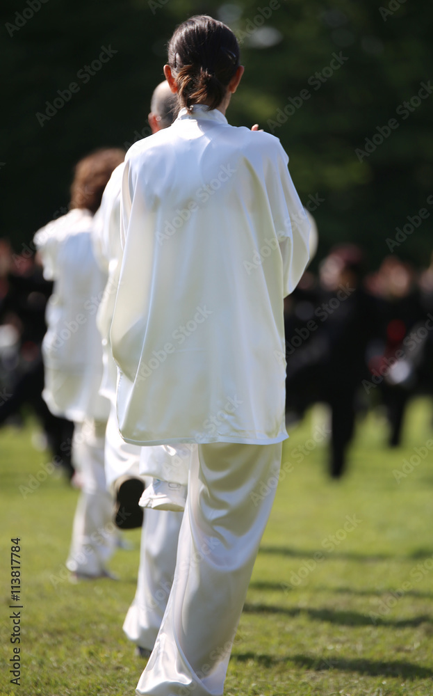 fans of martial arts Tai Chi with white silk dress during the co