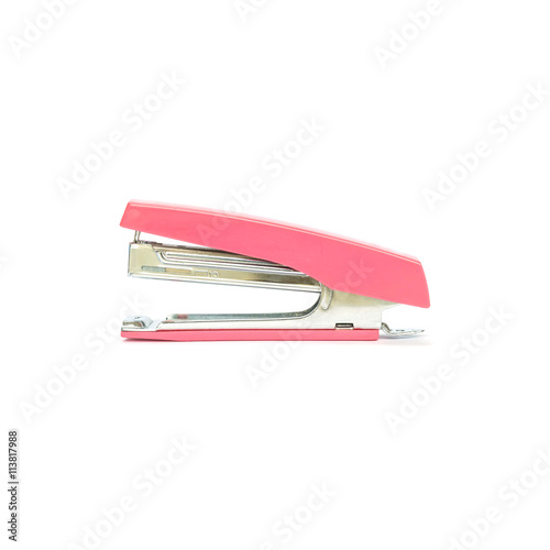 Closeup pink stapler , office equipment isolated on white background with clipping path