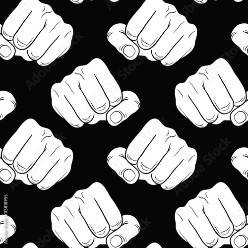 Raised fist. Strong fist on a black seamless background. Mans hand. Male fist. Symbol of power and authority. Fist sketch
