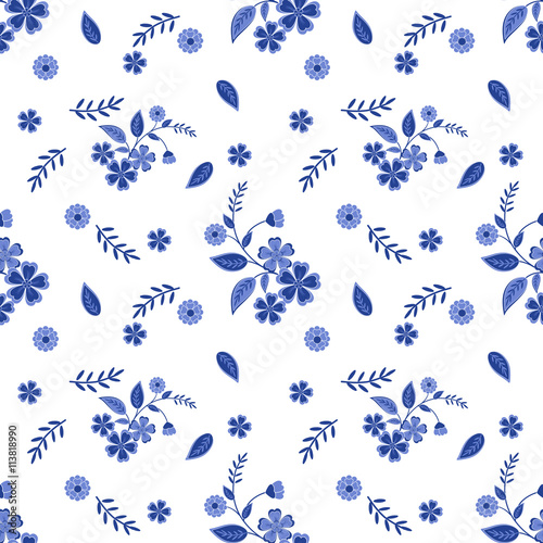 Floral seamless pattern in retro style, cute cartoon blue flowers white background