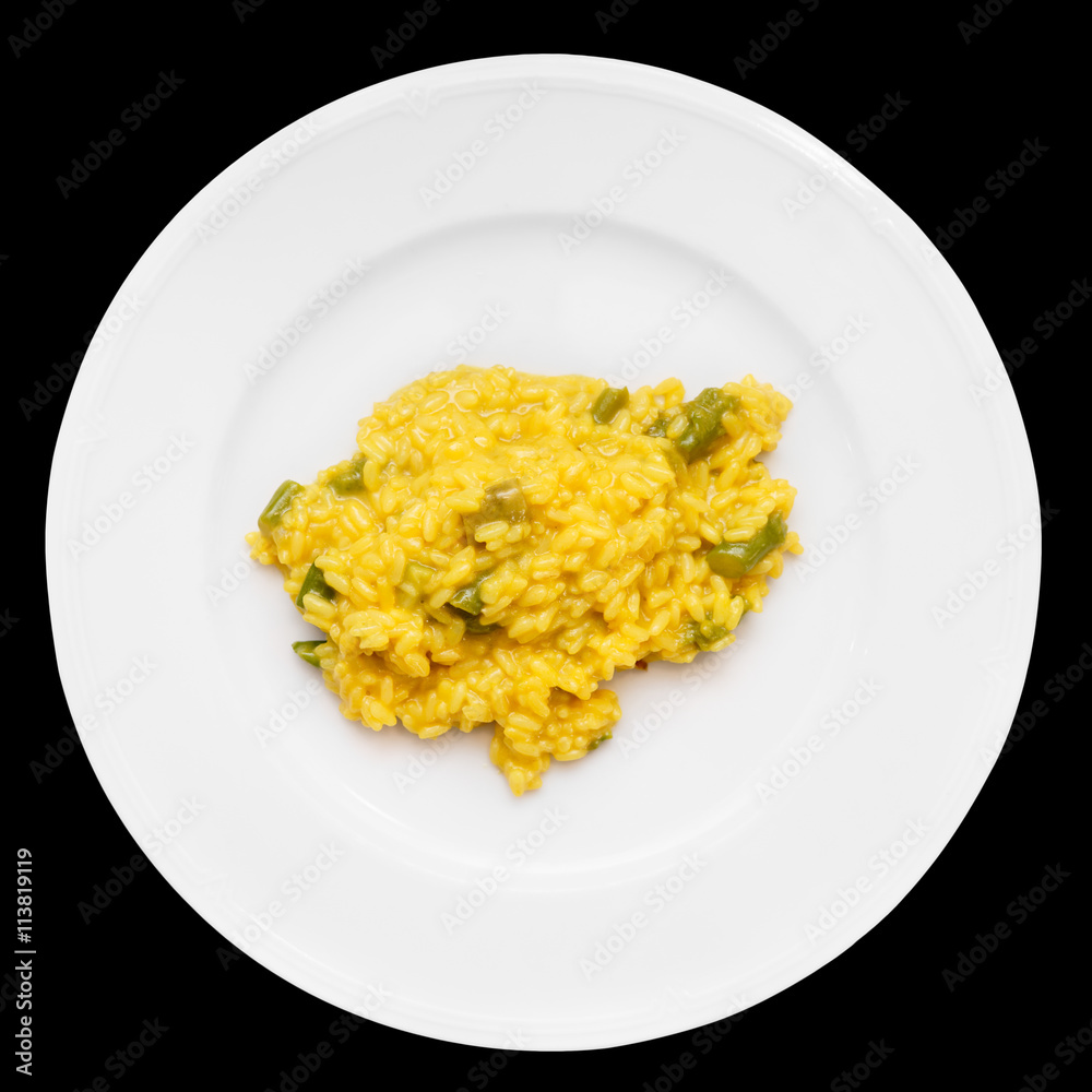Risotto with saffron and asparagus, isolated