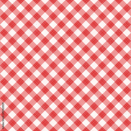 Seamless (you see 4 tiles) red diagonal gingham fabric cloth, pattern, swatch, background, texture or wallpaper. 