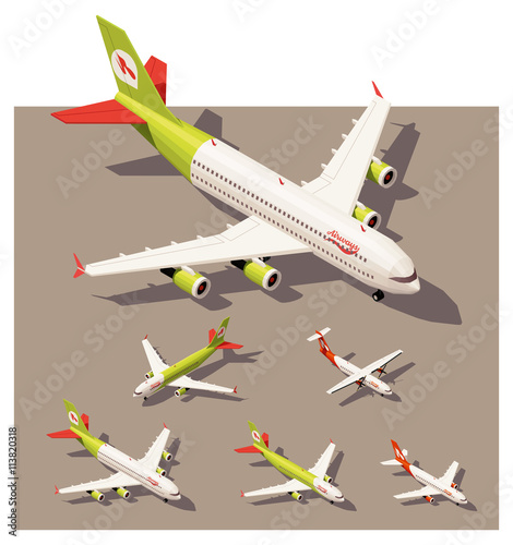 Vector isometric low poly airplanes set