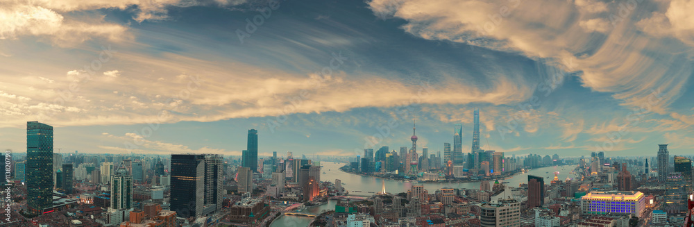 Aerial photography at Shanghai bund Skyline of panorama